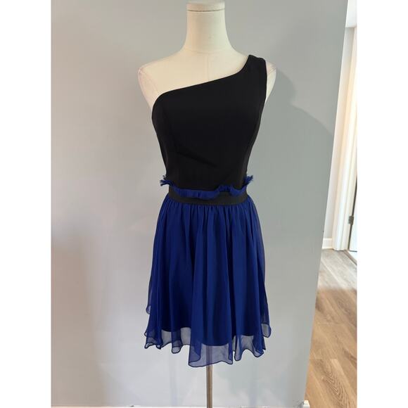 Jay Godfrey Black and Blue Color Block One Shoulder Silk Cocktail Dress Size 2 - Picture 1 of 5